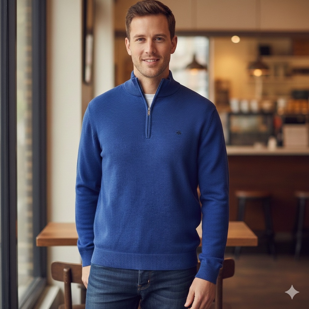 Brooks Brothers Cotton Knit Sweater Turtleneck 1/4 Zip Collar Blue Office Preppy